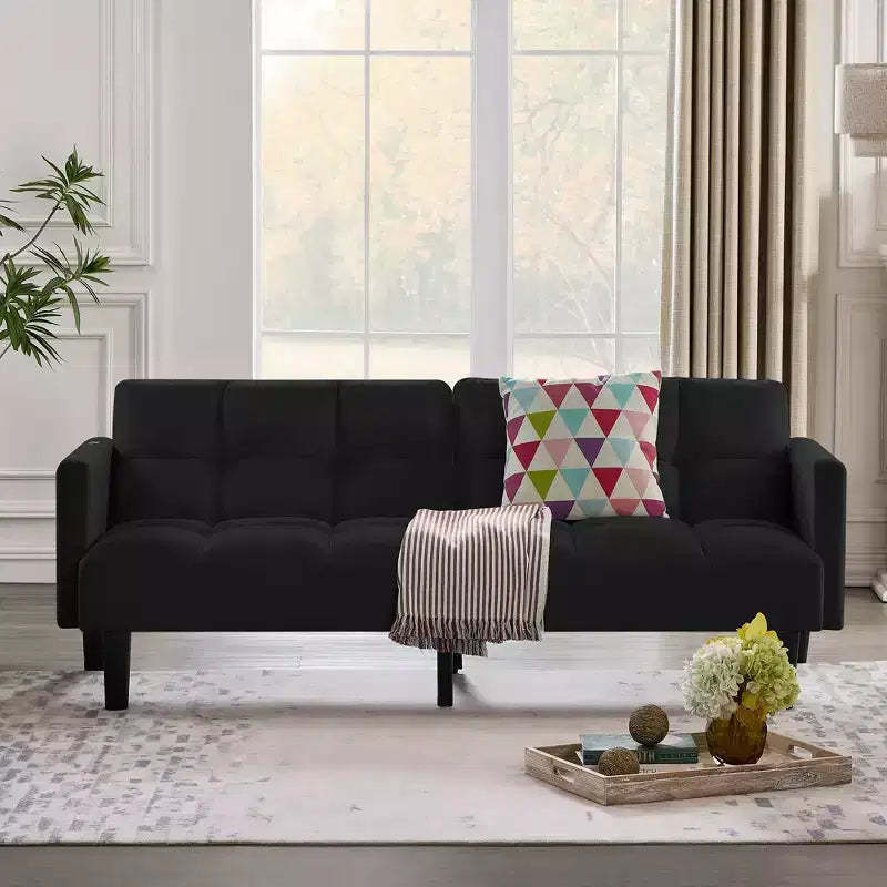 MAYEERTY Velvet Futon Couch Convertible Folding Three Seater Sofa Bed Tufted Couch for Apartment Black