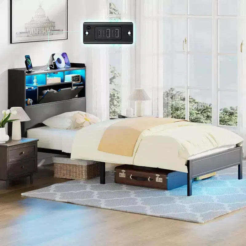 Greenstell Bed Frame with Headboard, Bed Frame with Built-in Charging Station & LED Light, Storage Shelf, Black