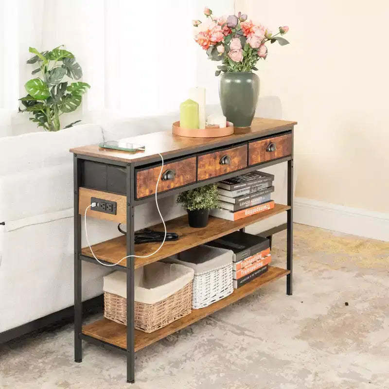 FurnitureR 43.3 Console Table with Power Outlets & USB Ports, 3-Tier Narrow Sofa Entryway Table with 3 Fabric Drawers & Open Shelves, Brown