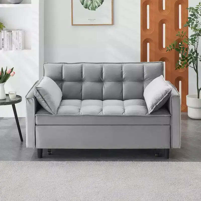 MAYEERTY Modern Velevt Loveseat Sleeper Sofa Couch Pull Out Bed with Toss Pillows Pockets for Living Room Bedroom Gray