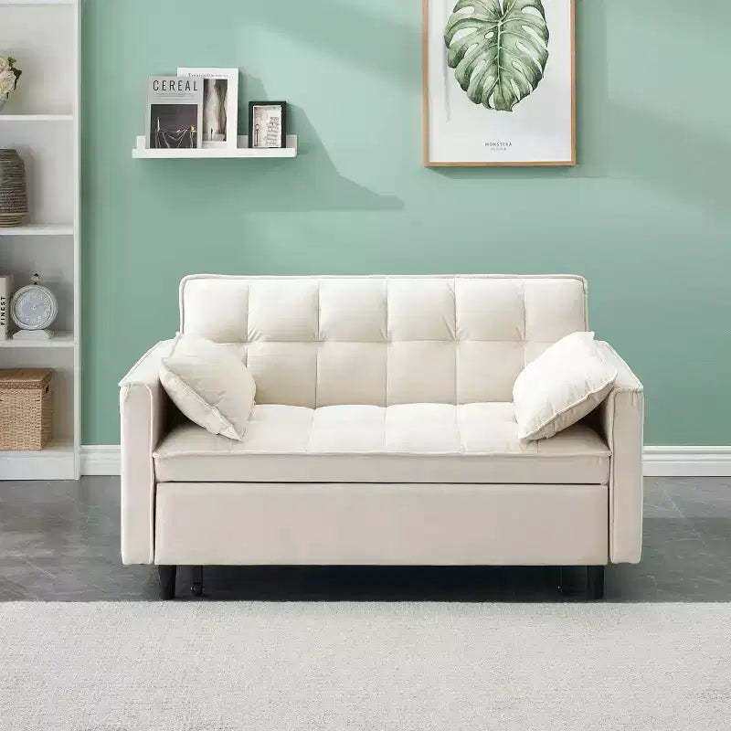 MAYEERTY Modern Velevt Loveseat Sleeper Sofa Couch Pull Out Bed with Toss Pillows Pockets for Living Room Bedroom Beige