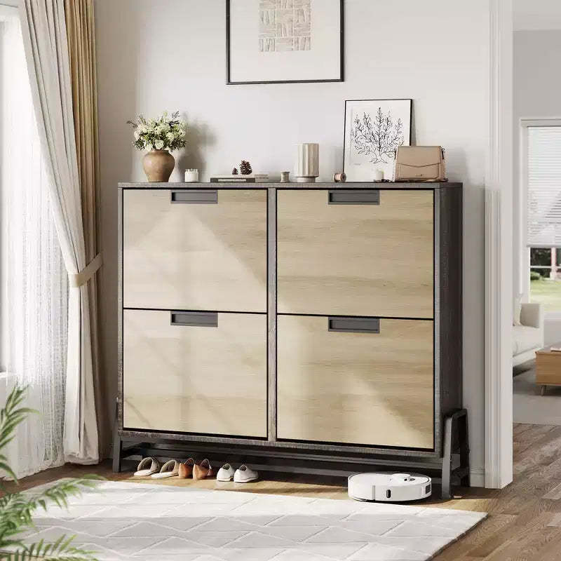 Shoe rack, entryway shoe storage with 4 flip-top drawers, free-standing metal legs, with 3 adjustable shelves, suitable for hallways, oak