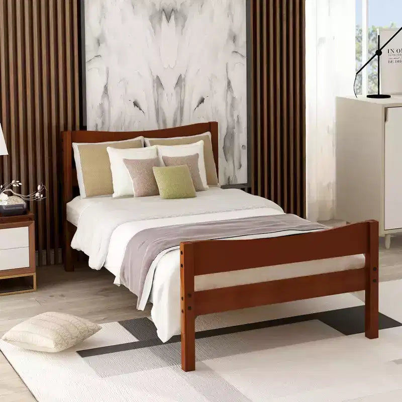 Twin Size Wood Platform Bed with Headboard and Footboard, Twin Platform Bed for Bedroom, Walnut