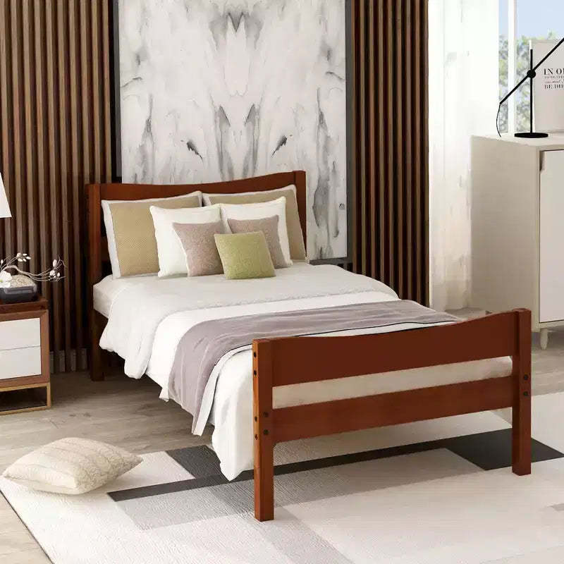 Twin Size Wood Platform Bed with Headboard and Footboard, Twin Platform Bed for Bedroom, Walnut