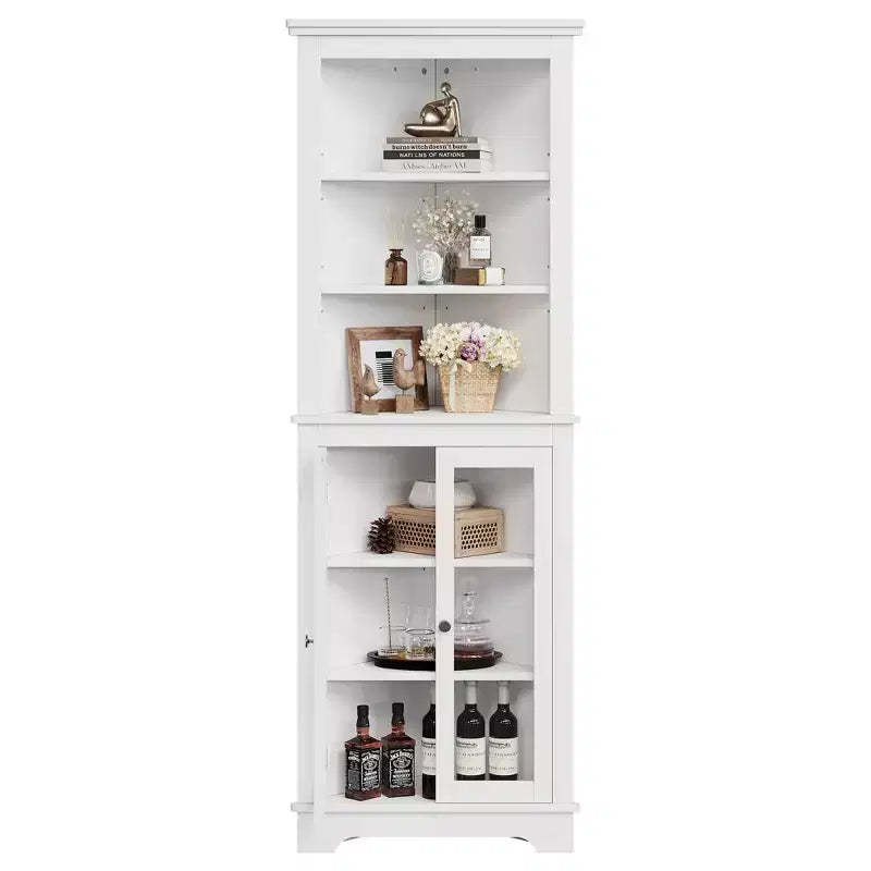 Freestanding Corner Cabinet with Glass Doors - Tall Bookcase - Adjustable Shelves - Modern Space-Saving Storage