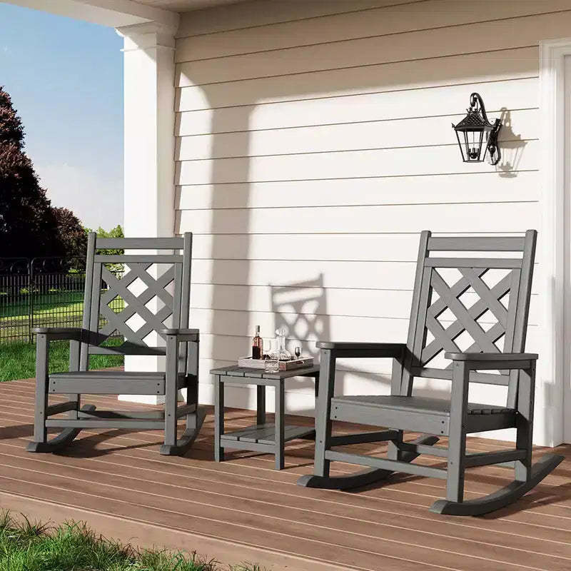 2 Pack Rocking Chair with Side Table, HDPE Weather Resistant Patio Rocking Chair Porch Rocker with Wood Texture