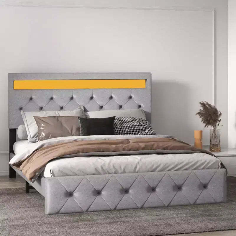 Platform Bed Frame with Charging Station, LED Lights and Adjustable Headboard, Heavy-Duty Wood Slats and Metal Frame, No Box Spring Required