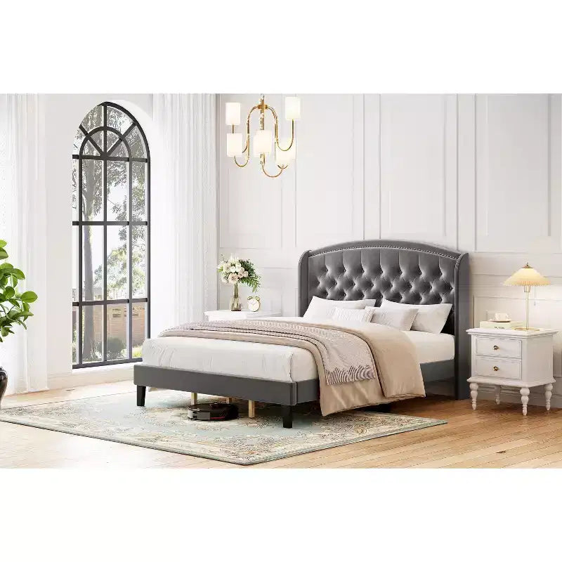 King Size Velvet Platform Bed Frame with Wingback Headboard, Button Tufted Design and Wood Slat Support, Easy Assembly, No Box Spring Required, Gray