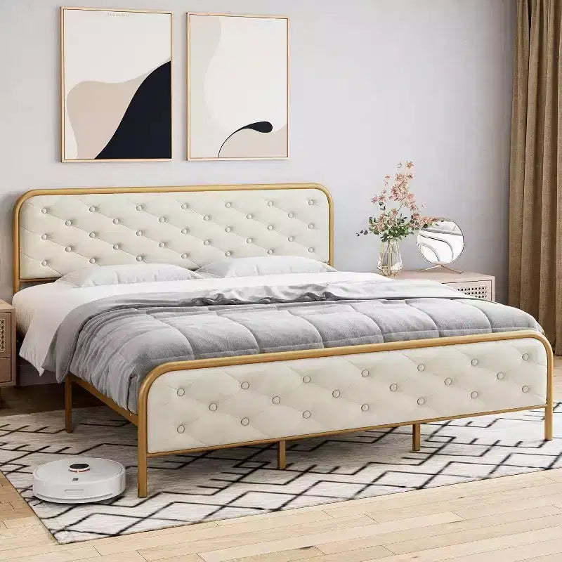 King Size Metal Bed Frame - Heavy Duty Platform Bed Frame with Storage, Steel Supports, No Box Spring Required, Easy Assembly, Noiseless, Gold White