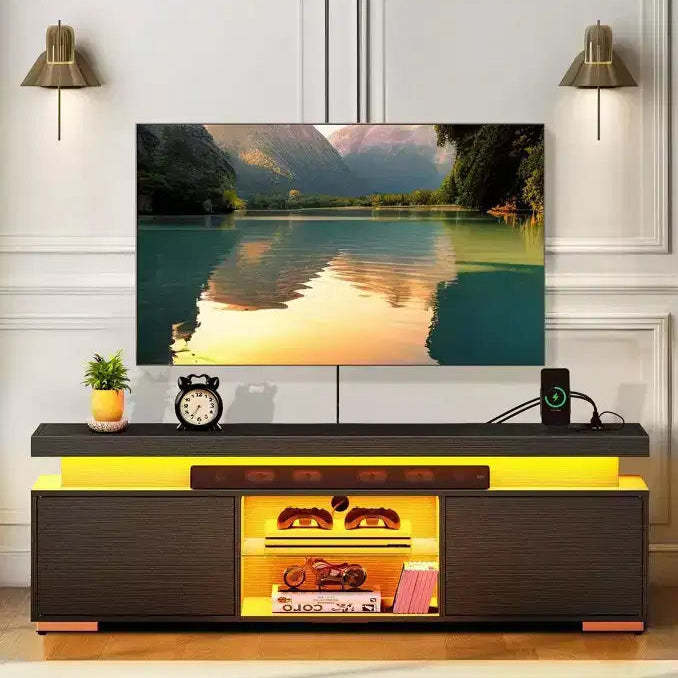 Modern TV Stand With Charging Station & LED Lights For 55/60/65 Inch TV Entertainment Center Media Console Living Room