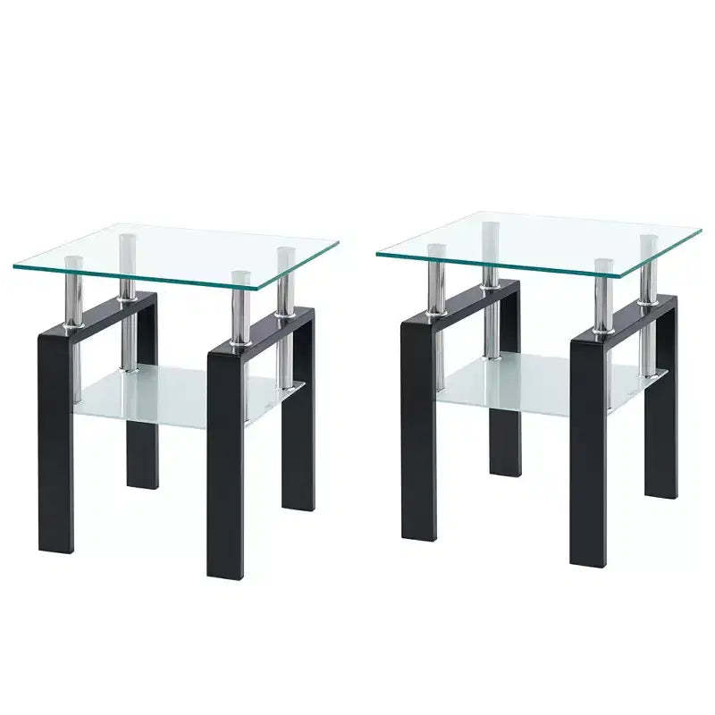 HomeRoots Set of Two Clear and Black Glass and Metal Square End Tables With Shelf