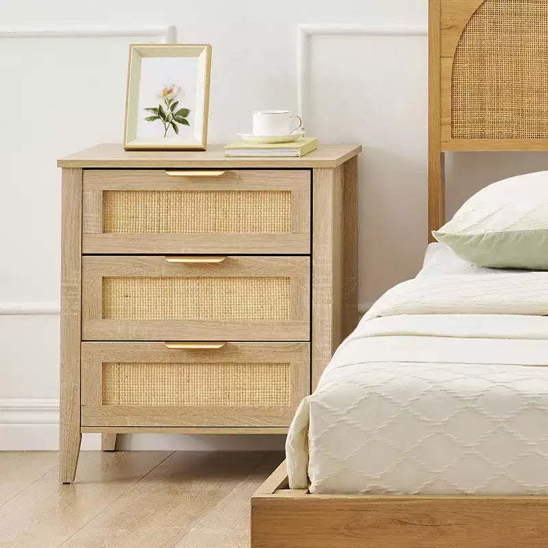 Wooden 3 Drawer Dresser,Rattan Nightstand, Metal Handle and Solid Wood Legs for Bedroom, Living Room, Entryway