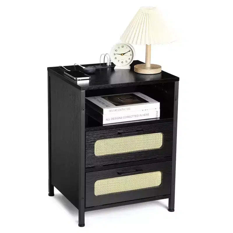 Nightstand with USB Ports and Outlets, Rattan Decorated Doors & Open Shelf, Bedroom Living Room Office,