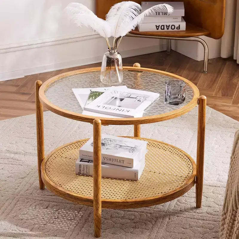 VINGLI 25.6 Rattan Coffee Table, Round Glass Coffee Table for Living Room,Natural Vibe