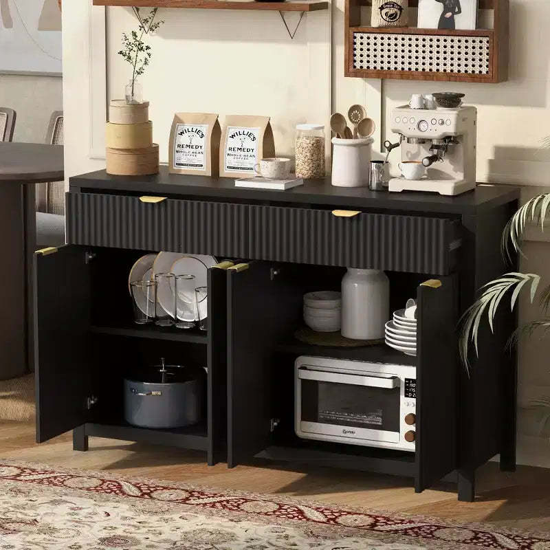 Clihome Modern Wave-Pattern Sideboard Cabinet,Multi-Purpose Fluted Cabinet, Kitchen Storage with Drawers & Adjustable Shelves for Kitchen, Dining Room