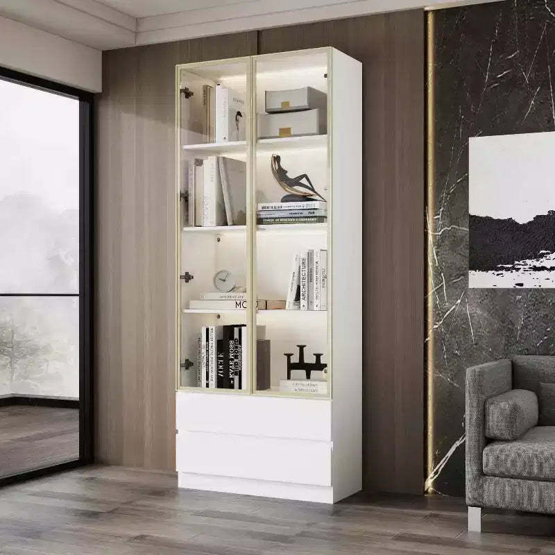Famapy White Bookcase Glass - Door Storage Cabinet Display Cabinet with LED Lights - Multifunctional Storage Unit