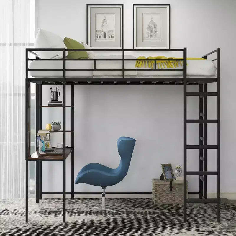 Bellemave Full Size Metal Loft Bed with 2 Shelves and one Desk ,Black