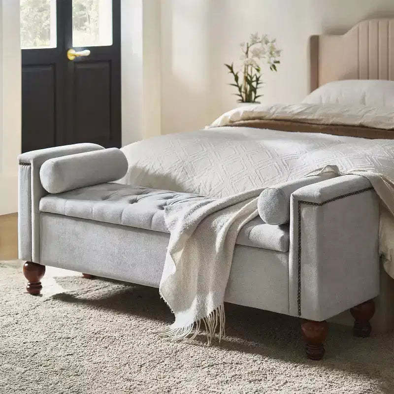 Antonia Storage Bench with Two Circular Pillows and Solid Wood Legs|ART OF LIVING DESIGNS