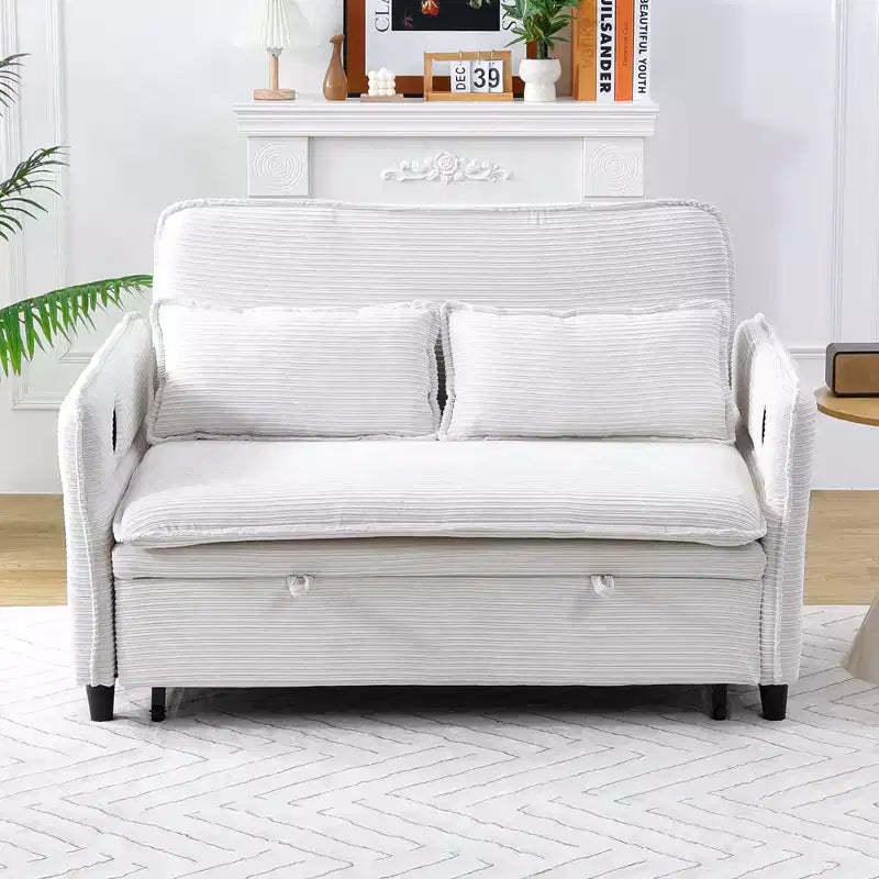 MAYEERTY Beige Letter Striped Fabric Multifunctional Loveseat Sofa Bed for Bedroom Living Room