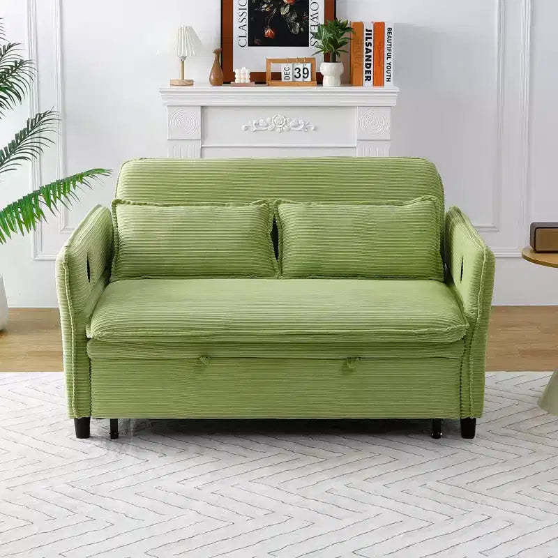 MAYEERTY Green Letter Striped Fabric Multifunctional Loveseat Sofa Bed for Bedroom Living Room