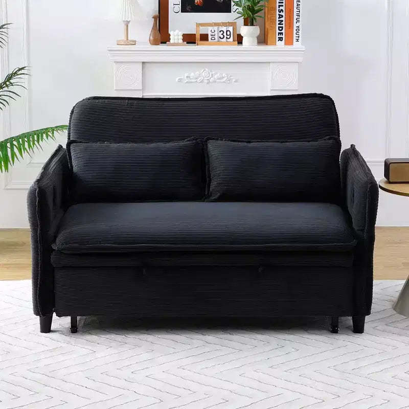 MAYEERTY Black Letter Striped Fabric Multifunctional Loveseat Sofa Bed for Bedroom Living Room