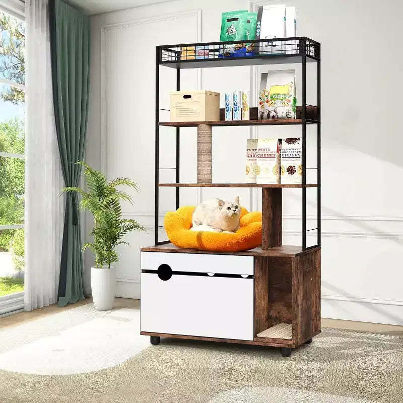 Cat Litter Box Enclosure with 4-Tier Storage - Hidden Litter Box Furniture with Scratching Post