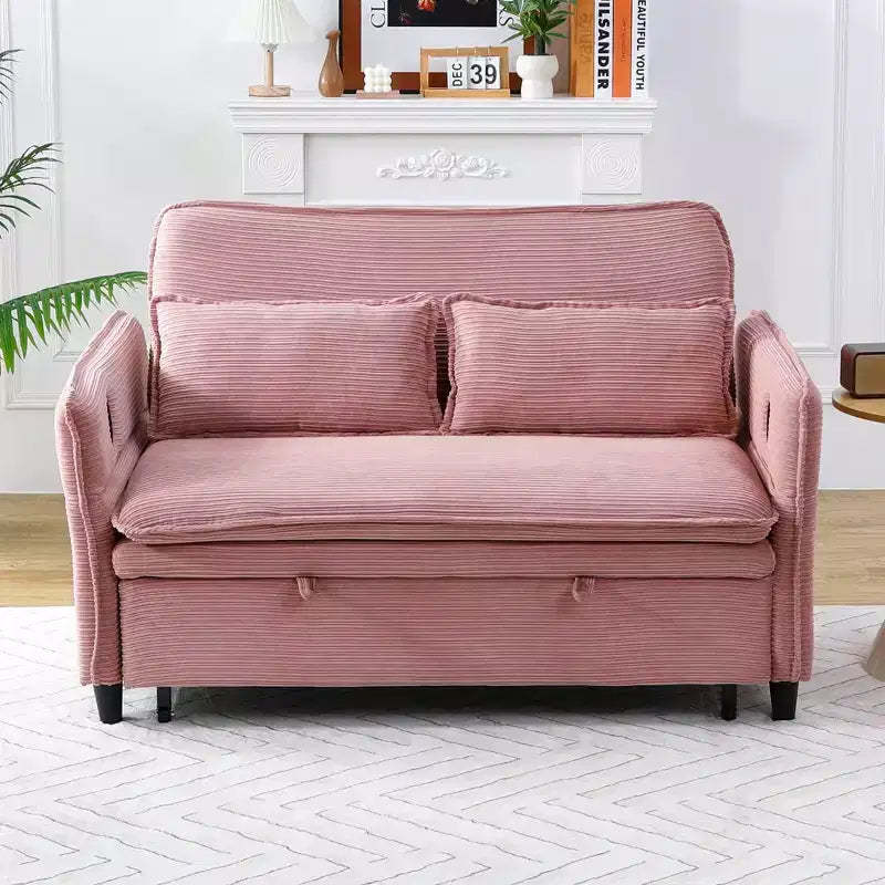 MAYEERTY Pink Letter Striped Fabric Multifunctional Loveseat Sofa Bed for Bedroom Living Room