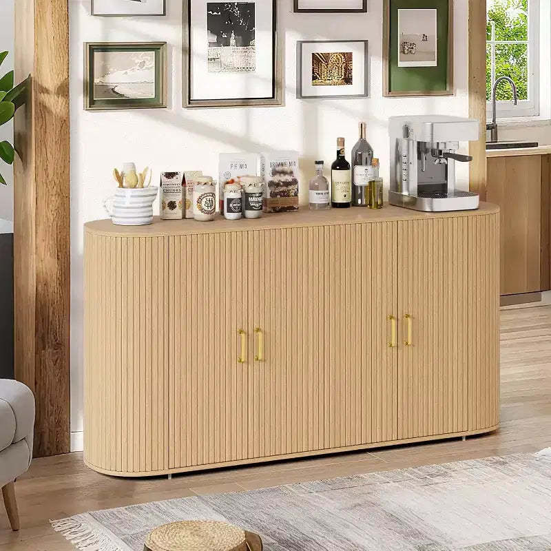 63 Modern Sideboard Buffet Cabinet, Fluted Accent Credenza with Curved Edges & Adjustable Shelves, Storage Console Table for Dining Room, Oak