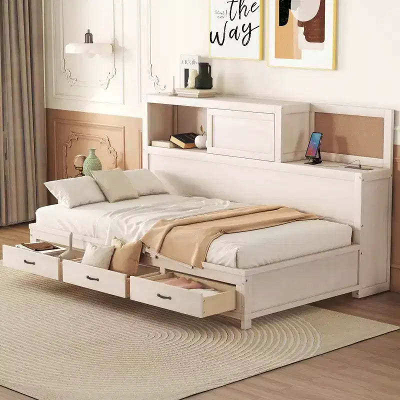 Daybed with 3 Storage Drawers and Sockets and USB Ports, Wooden Bedframe with Upper Soft Board for Bedroom Guestroom, White