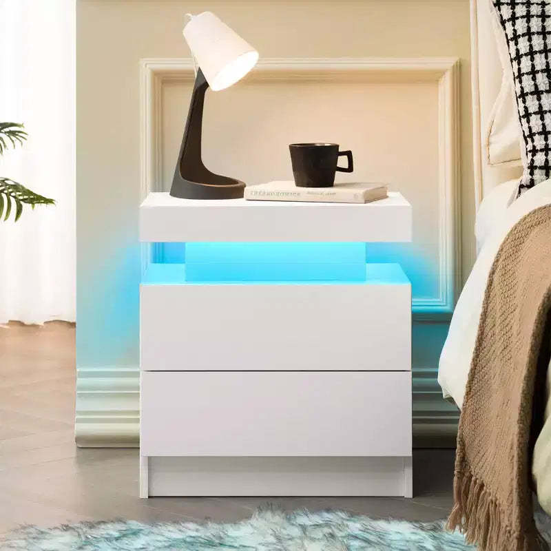 Nightstand Bedside Table Cabinet Lights Modern End Side with 2 Drawers for Bedroom (White)