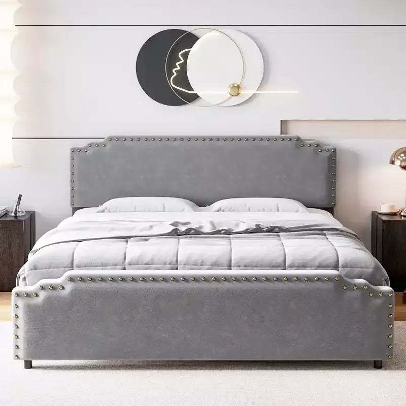 King Bed Frame with Tufted Headboard, Strong Wooden Slats & No Box Spring Required