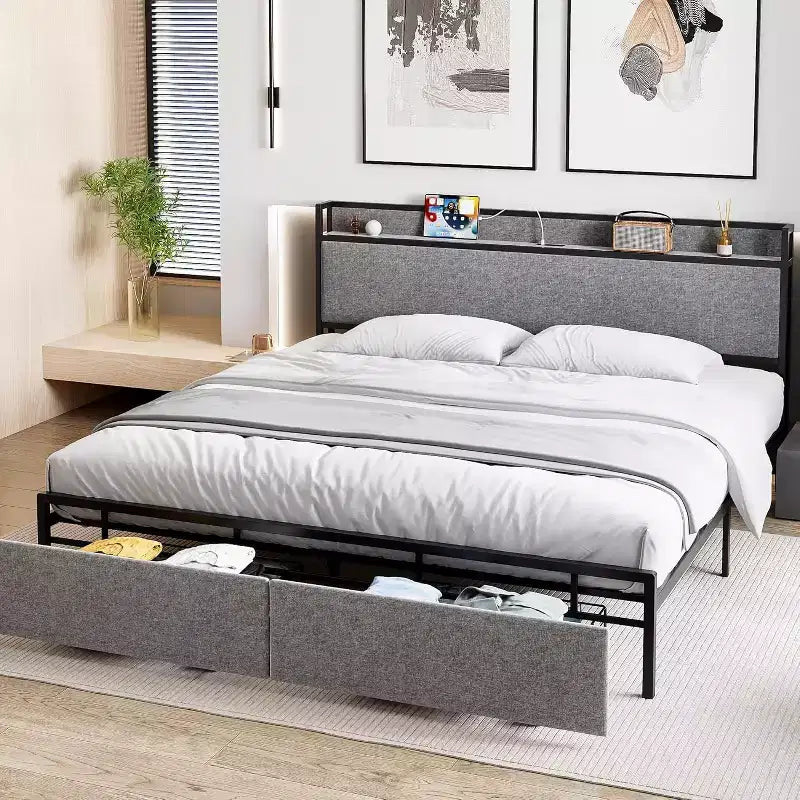 King Bed Frame with Storage Drawers & USB Charging Station, Upholstered Platform Bed