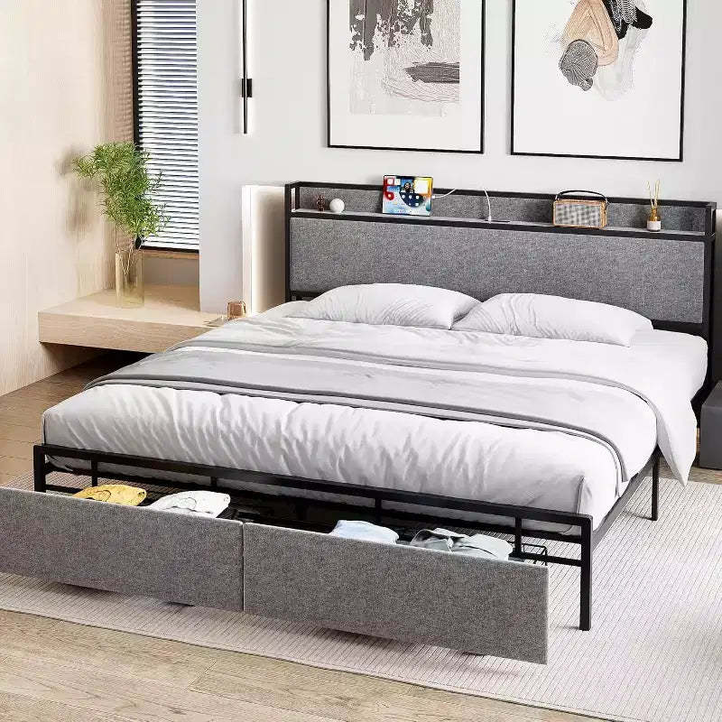 King Bed Frame with Storage Drawers & USB Charging Station, Upholstered Platform Bed