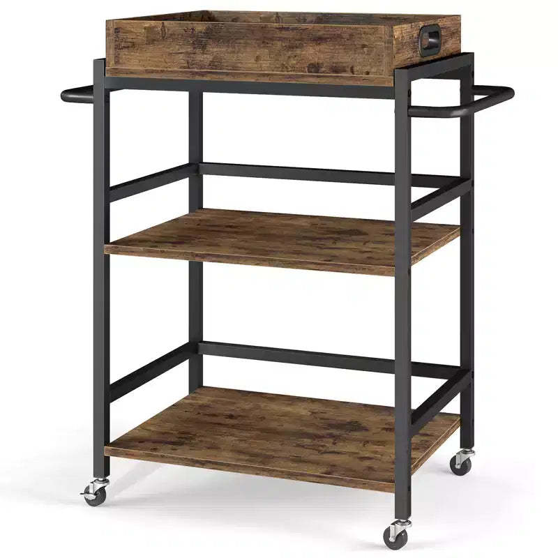 Rustic Rolling Bar Cart 3-Tier with Removable Tray and Lockable Wheels