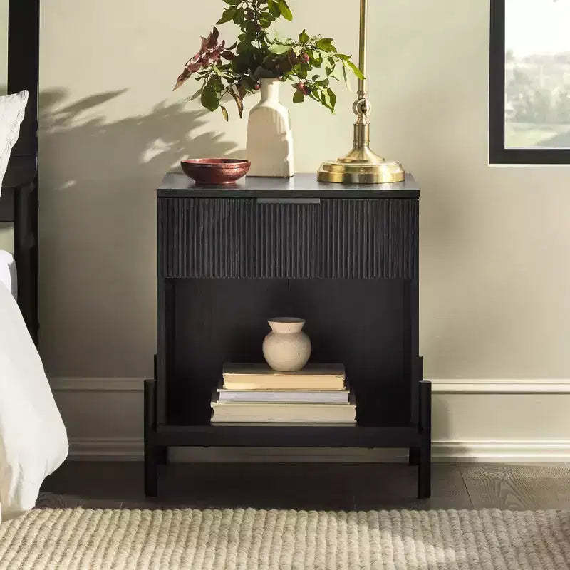 Modern Fluted-Drawer Nightstand with Open Cubby C Black