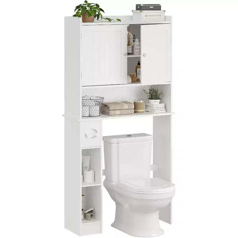 GustoWave Over The Toilet Storage Cabinet, Over Toilet Bathroom Organizer with Door & Toilet Paper Holder Stand, Space-Saving, White