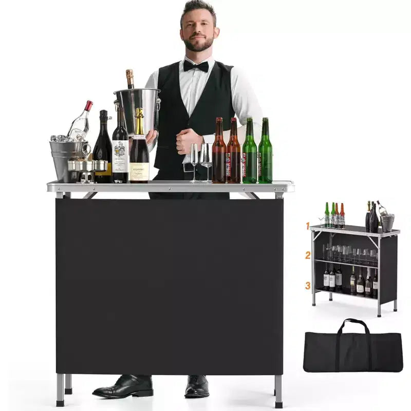 VINGLI Portable Bar Table, 2-Tier Shelves, Mobile Bar Table for Events, Party, Camping, Picnic, Tradeshow, Indoor with Black Skirt, 39 L x 34 H