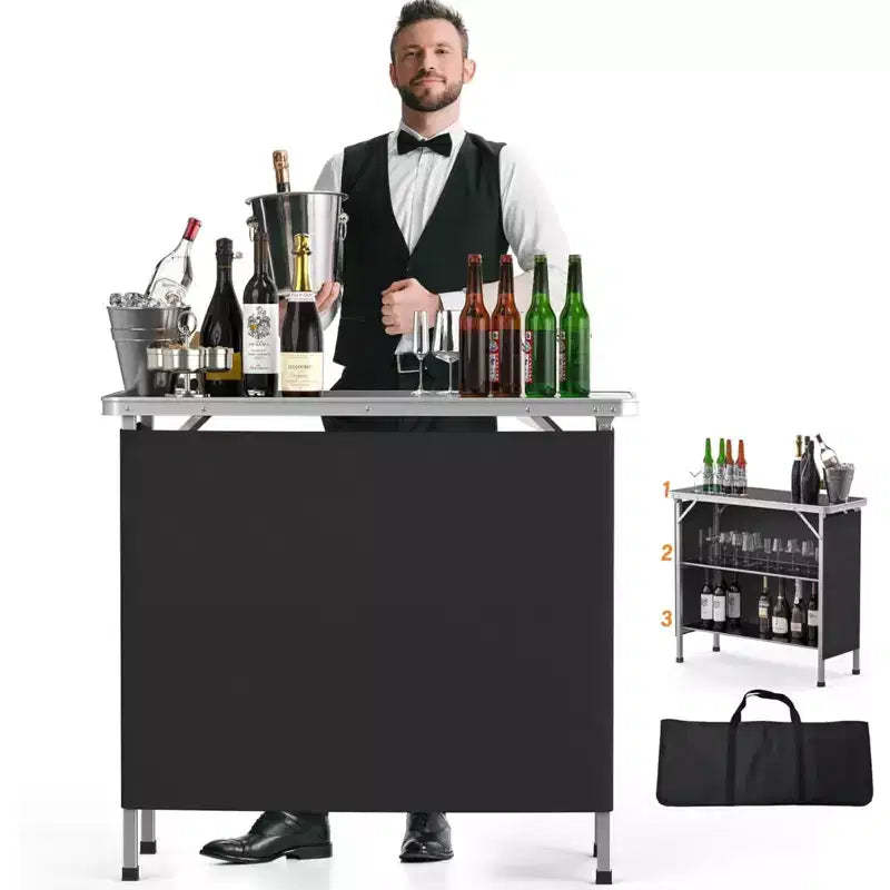 VINGLI Portable Bar Table, 2-Tier Shelves, Mobile Bar Table for Events, Party, Camping, Picnic, Tradeshow, Indoor with Black Skirt, 39 L x 34 H