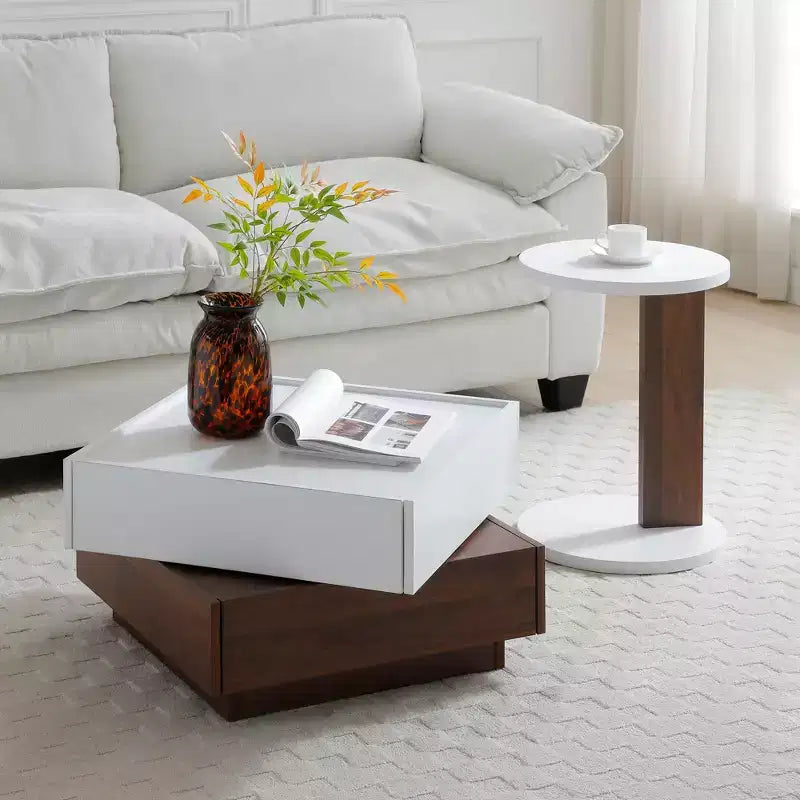 Okak Minimalism C-Shaped End Table with Round Tabletop, Side Table with Unique Design, Couch Table for Living Room, Bedroom, Sofa Side, White+Walnut