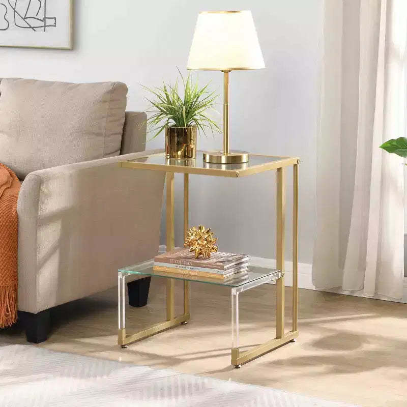 Okak Modern C-Shape 2-Tier Side Table with Glass Tabletop and Shelf, End Table with Metal Frame, Couch Table for Living Room, Bedroom, Gold
