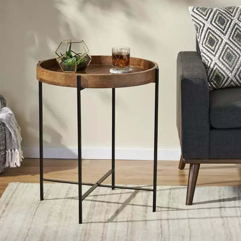Okak Minimalism Round Side Table with Metal Reinforced Legs, End Table with Woodern Top, Tray Tables for Living Room, Balcony, Natural