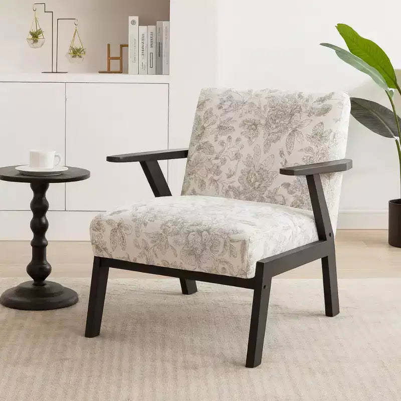Homy Casa Mid-Century Modern Lounge Armchair with Solid Wood Frame, Upholstered Accent Chair for Living Room, Bedroom, or Study, Beige + Grey