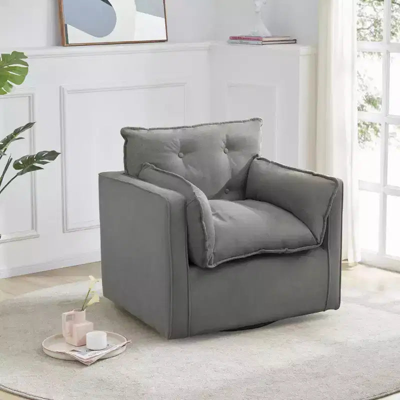 Oversized Swivel Accent Chair, Mid Century Comfy Accent Sofa, Modern Linen Fabric Barrel Armchair, Metal Base, No Assembly, for Living Room