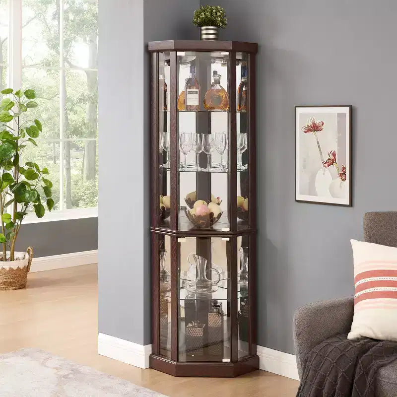Lighted Corner Curio Cabinet, Glass Display Case with Mirror Back, Antique Bar Storage for Dining Room