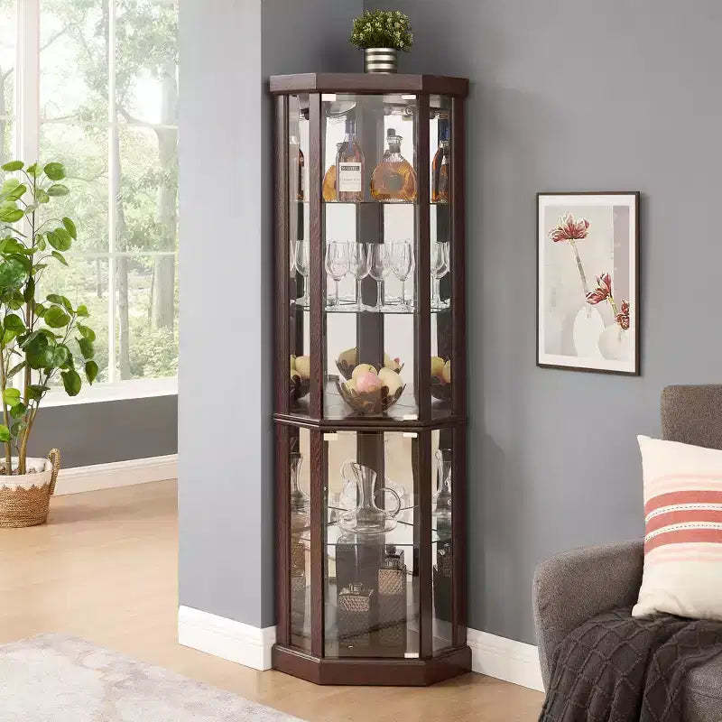 Lighted Corner Curio Cabinet, Glass Display Case with Mirror Back, Antique Bar Storage for Dining Room