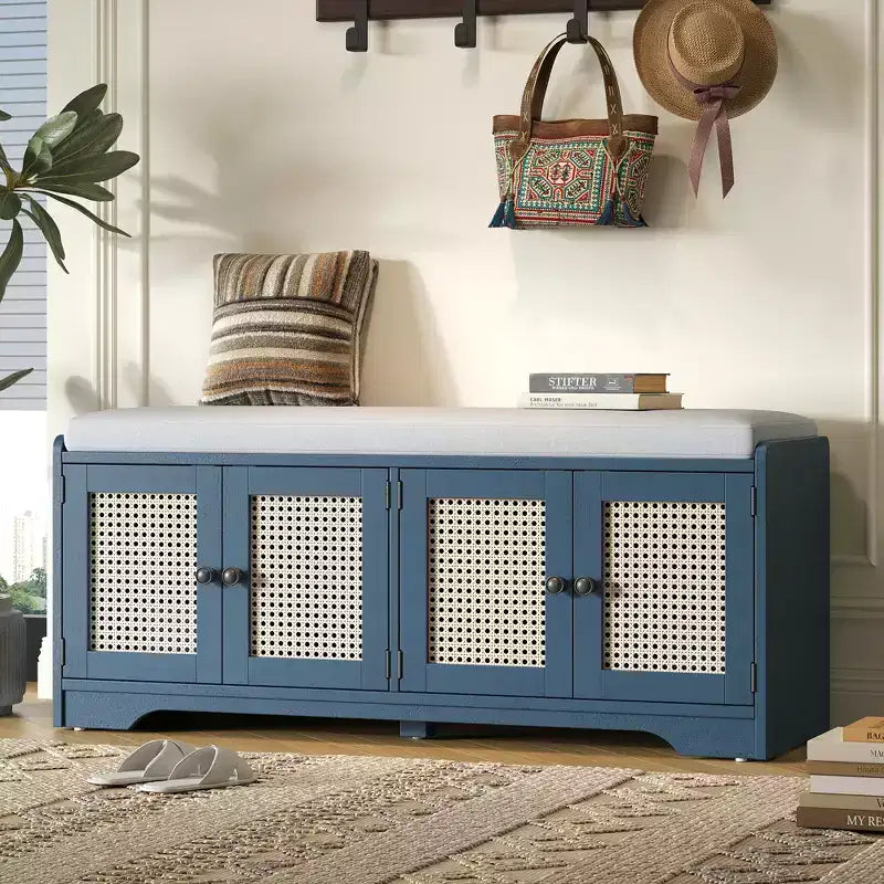 GDFStudio Robin Rustic Storage Bench with Removable Cushion and Woven Rattan Doors