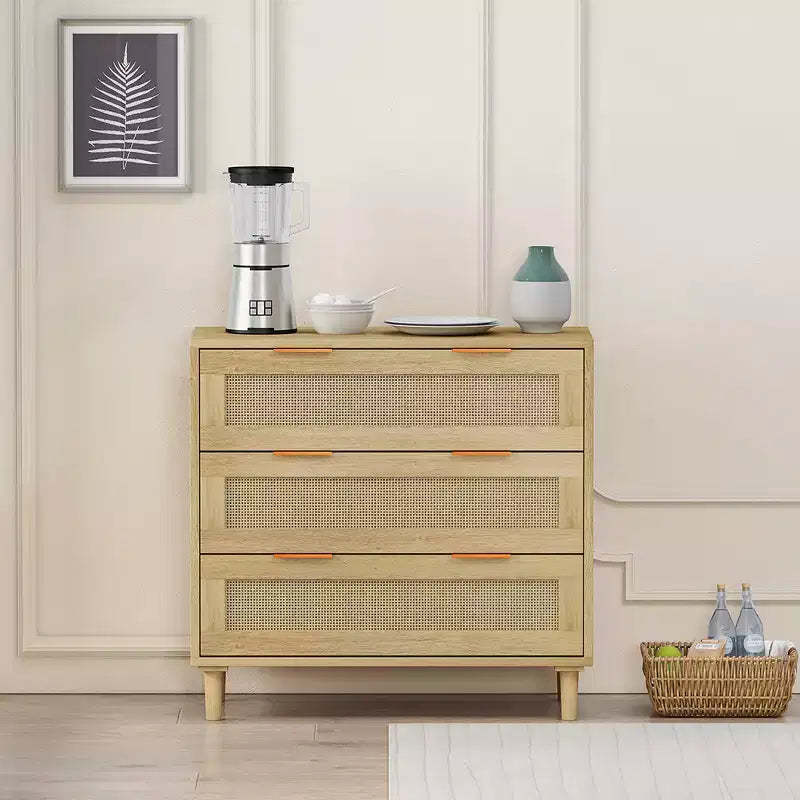 3-Drawer Chest of Drawers, Kitchen Storage Cabinet with 3 Deep Rattan Drawers, Buffet Cabinet with Iron Handle