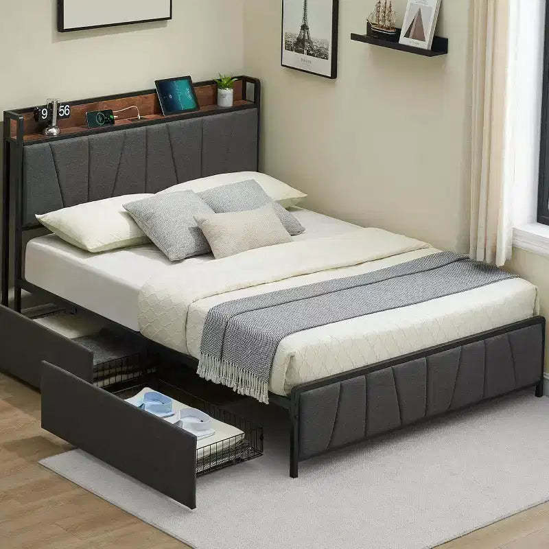 Platform Bed Frame with Headboard, USB Charging Station, 2 Storage Drawers and Under-Bed Storage, No Spring Mattress Required, Heavy-Duty Support