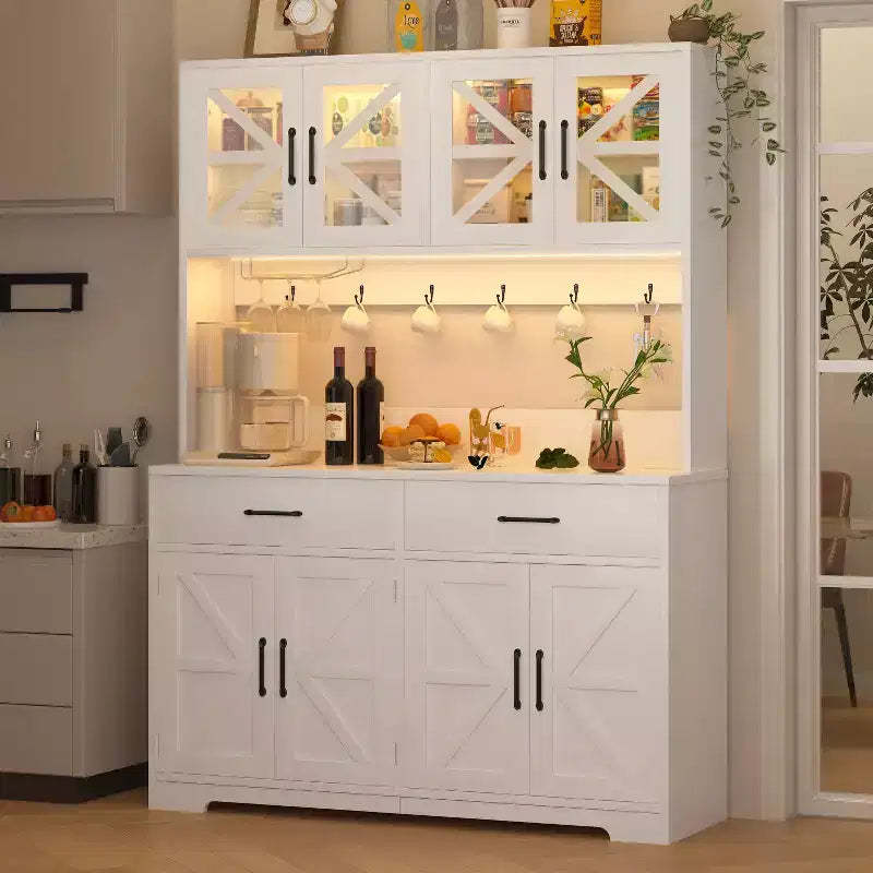 Dyonery white minimalist food storage cabinet, with glass cabinet doors, features 8 spacious storage zones and 2 drawers.