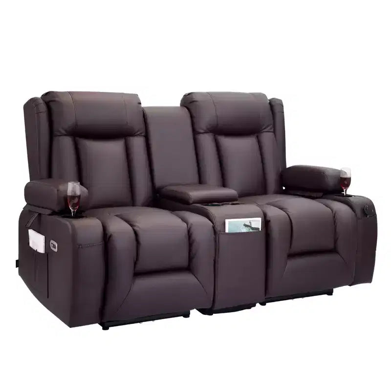 VEVOR Loveseat Recliner Sofa, Power Reclining Couch with Heating & Massage and Timer, PU Leather Recliner Sofa with Center Console, USB Ports,Brown